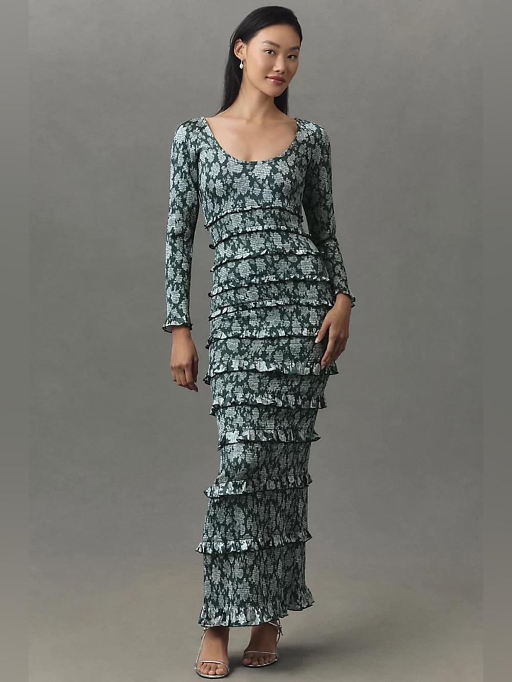 V. Chapman Lanie Long-Sleeve Scoop-Neck Ruched Ruffled Satin Maxi Dress Size 0